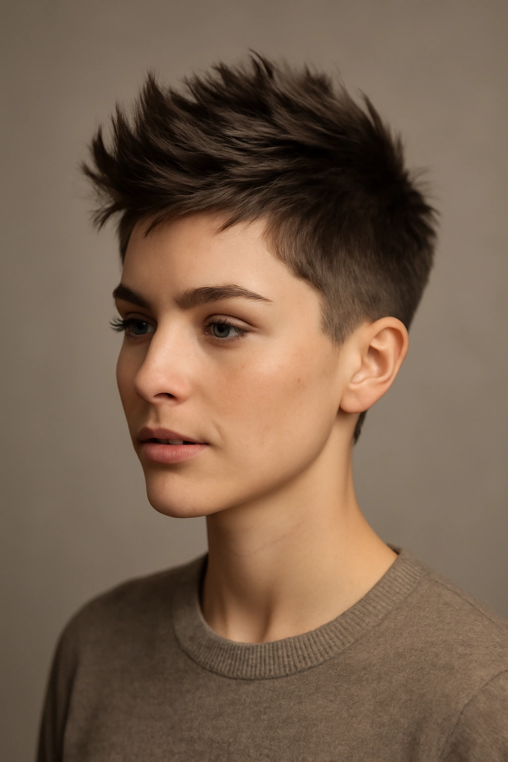 Portrait of a model with a faux hawk pixie hairstyle