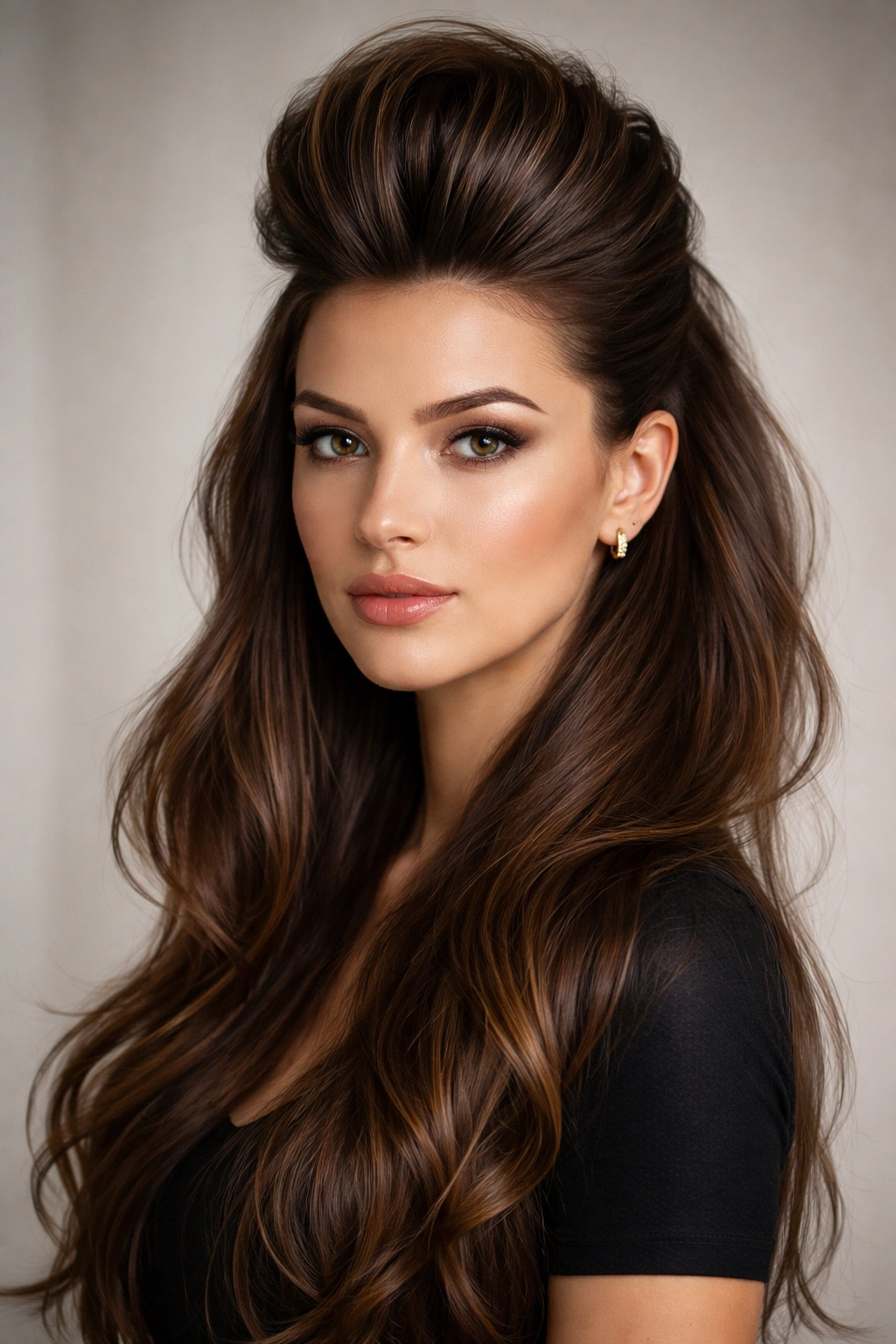 Center-height faux hawk pompadour with smoother, lower sides.