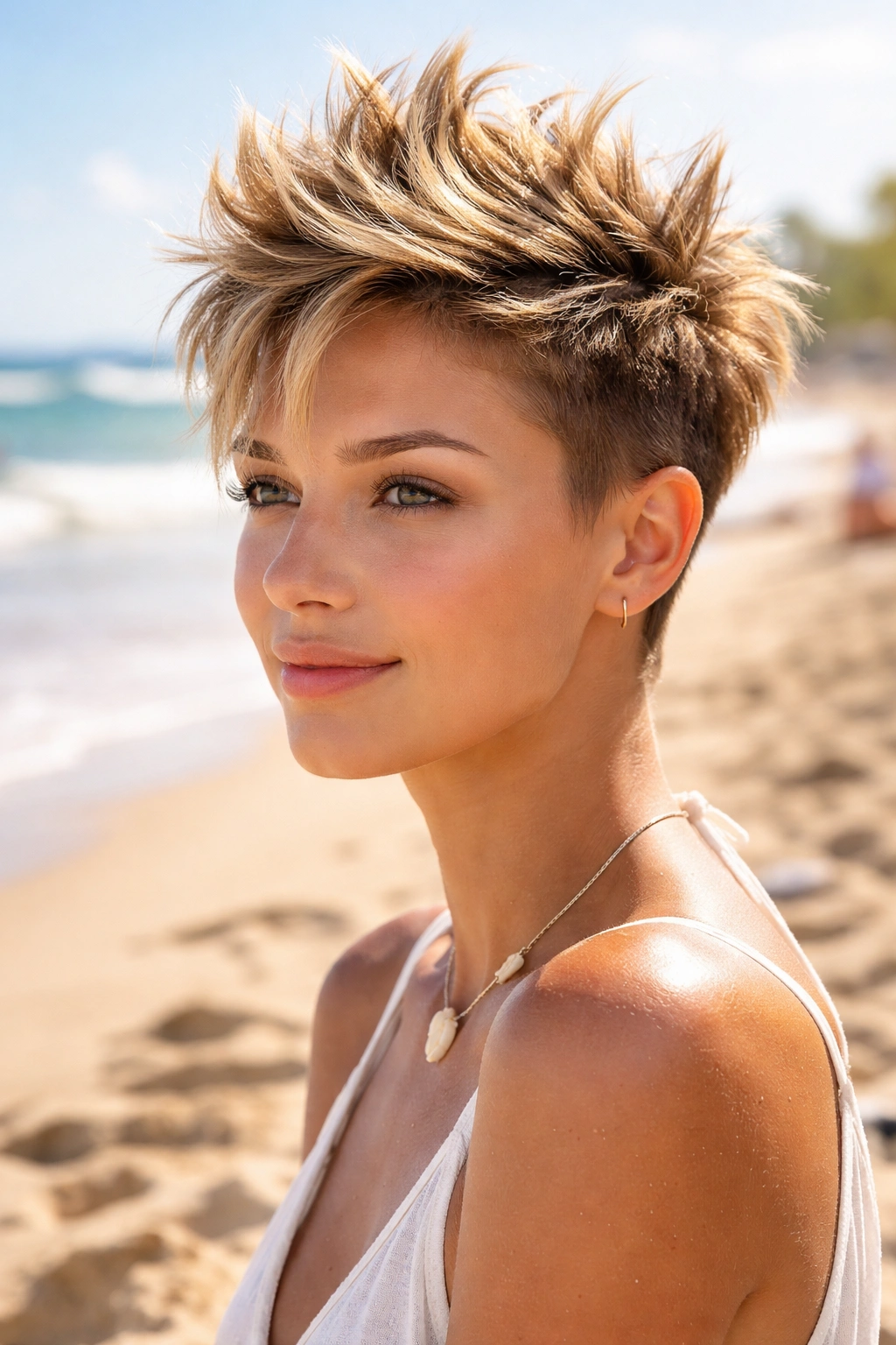 Short textured hair styled into a subtle faux hawk with crown height