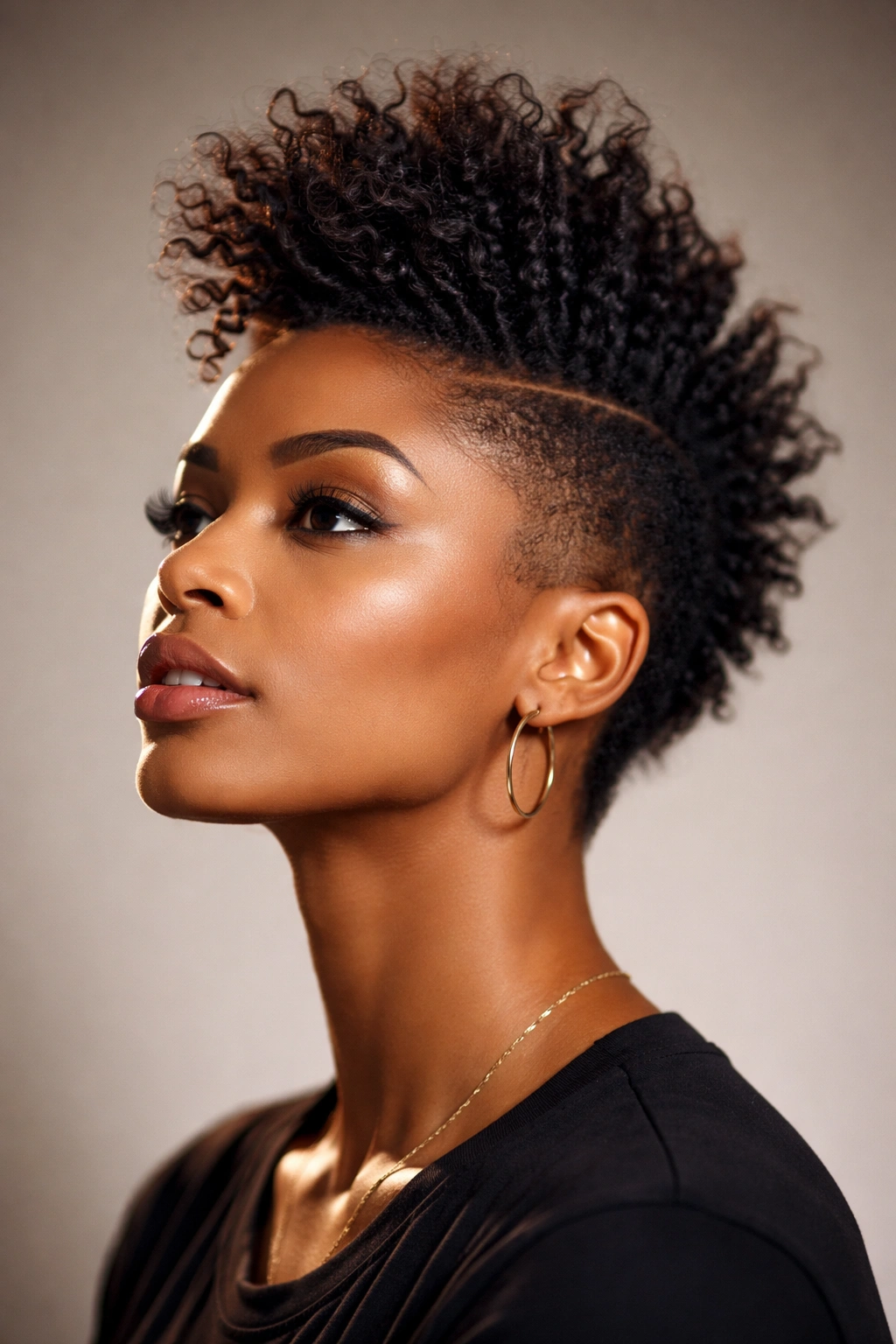 Portrait of a person with a faux hawk showing elevated crown and tapered sides
