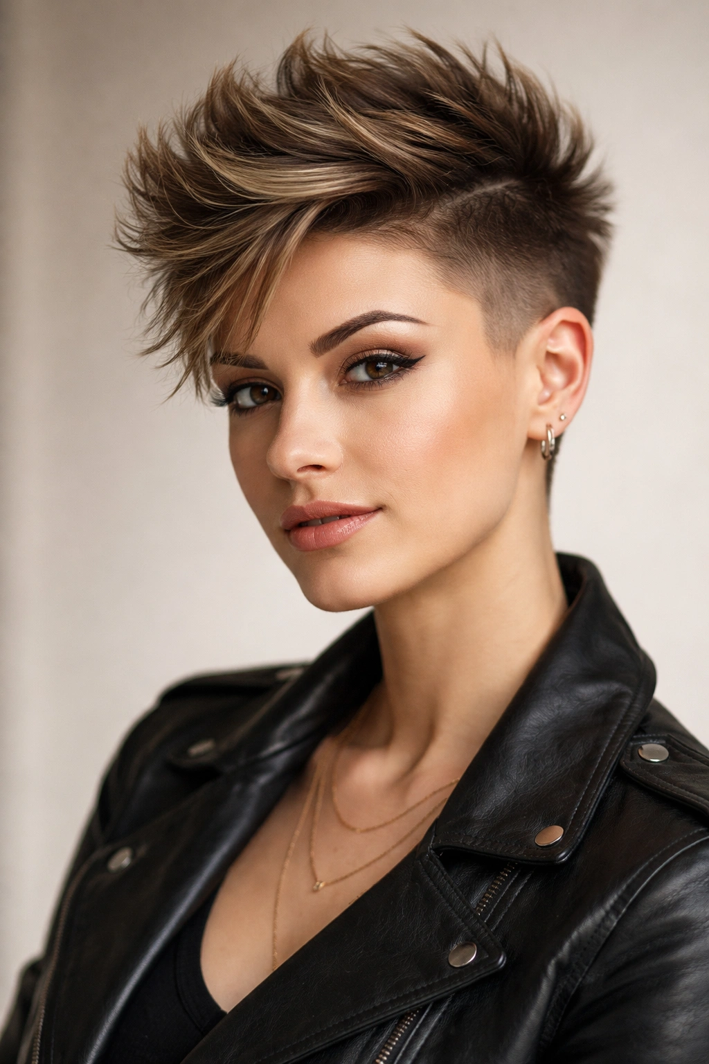 12 Short Haircuts With Shaved Sides For Bold Women 8 Portrait of a woman with a faux hawk and soft fade.