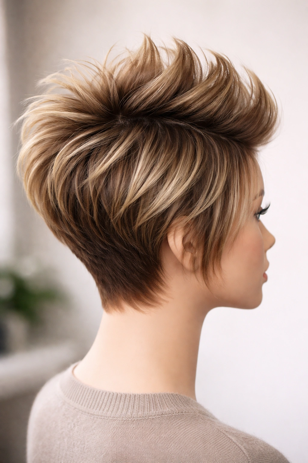 Stacked bob with crown lifted into faux-hawk silhouette.