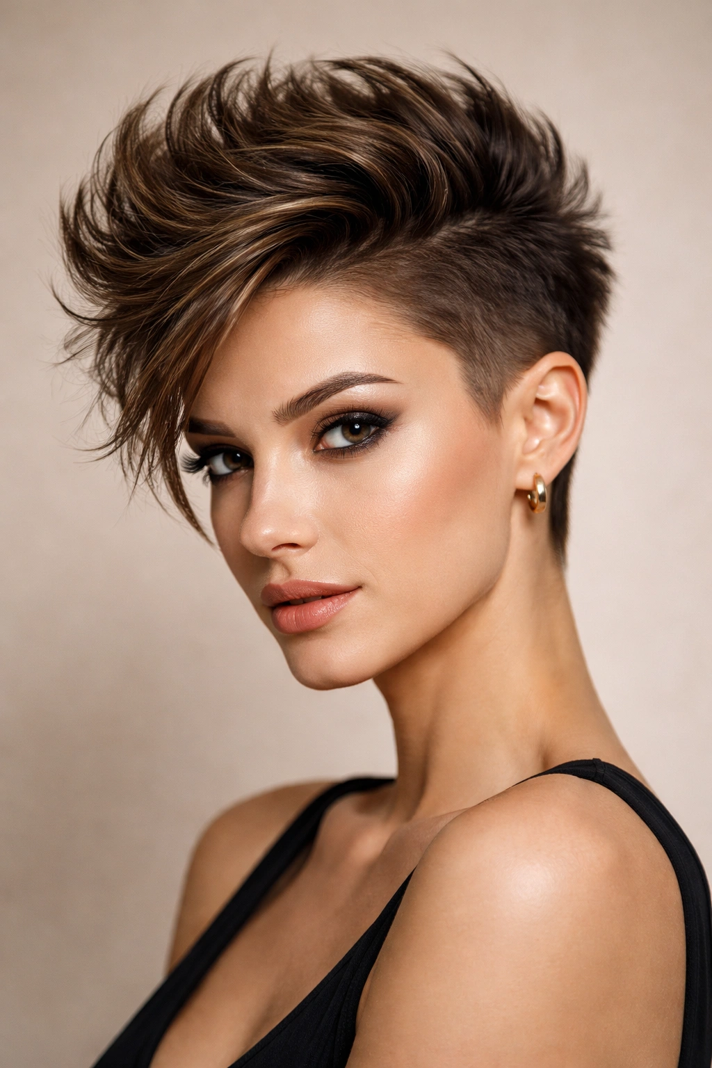 Portrait of a person with a side-swept faux hawk and textured volume.