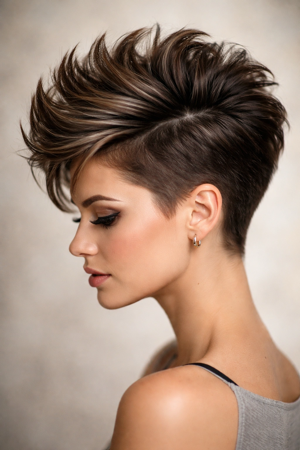 Pixie-cut with a central volume ridge and smooth sides