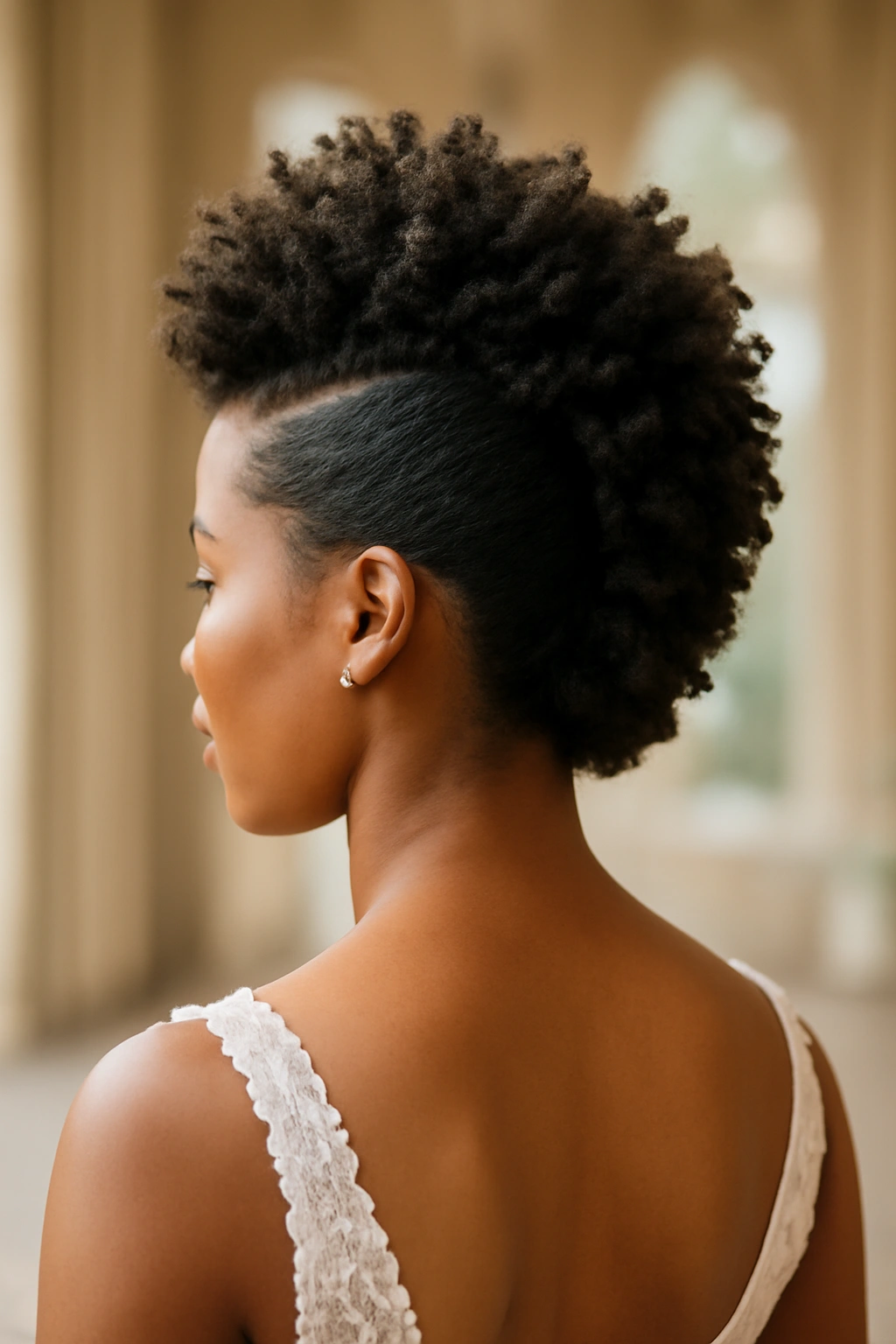 12 Natural Hair Wedding Updos You Need to See 7 Close-up profile of a bridal faux-hawk updo with textured center and sleek side sections.