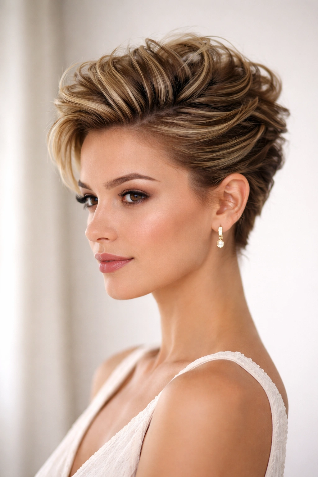 Center-parted faux hawk updo on short hair