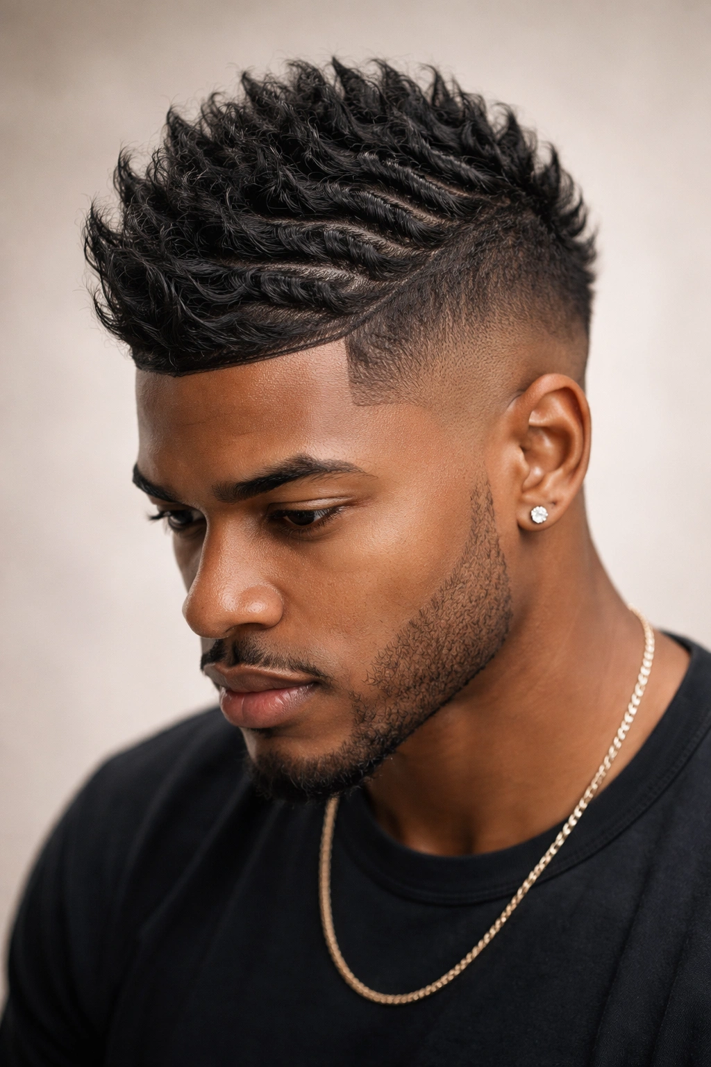 Close-up of a faux hawk with crown waves and tapered sides
