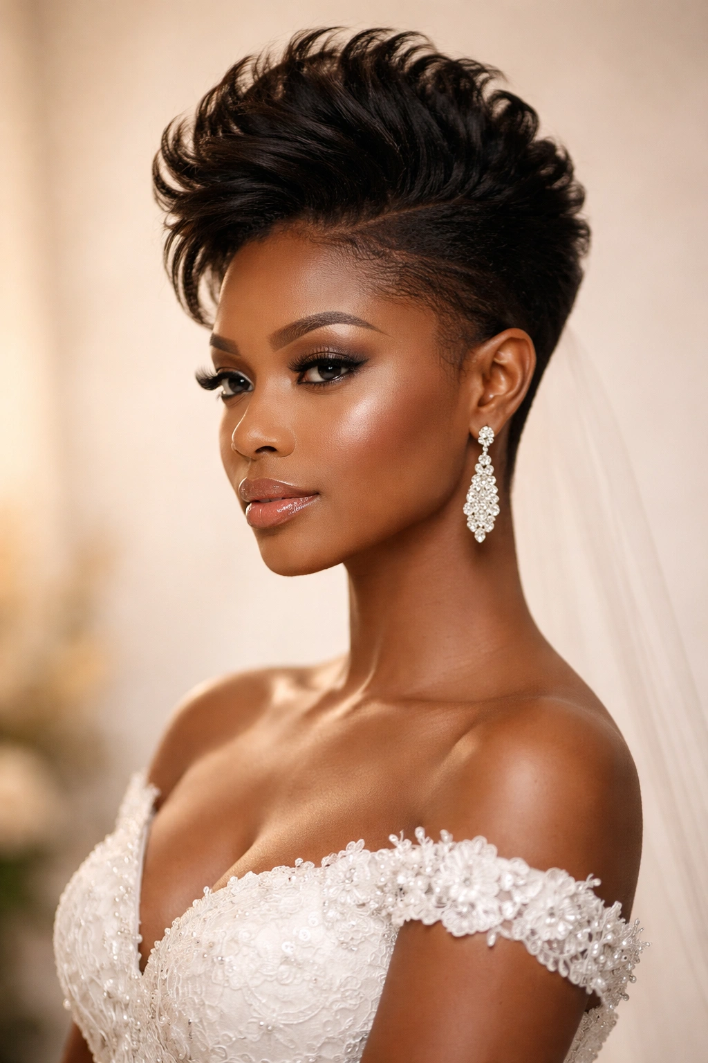 Close-up of a Black bride's short faux hawk with dramatic height and smooth sides