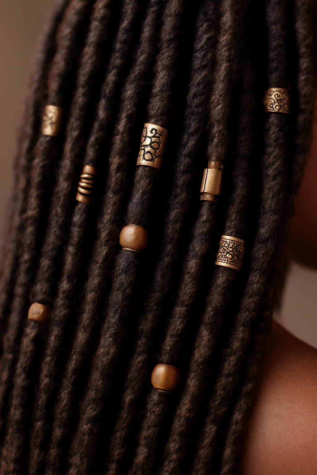 12 Faux Loc Styles That Are Worth Bookmarking Now 8 Close-up of faux locs with beads and metallic accents as hair jewelry