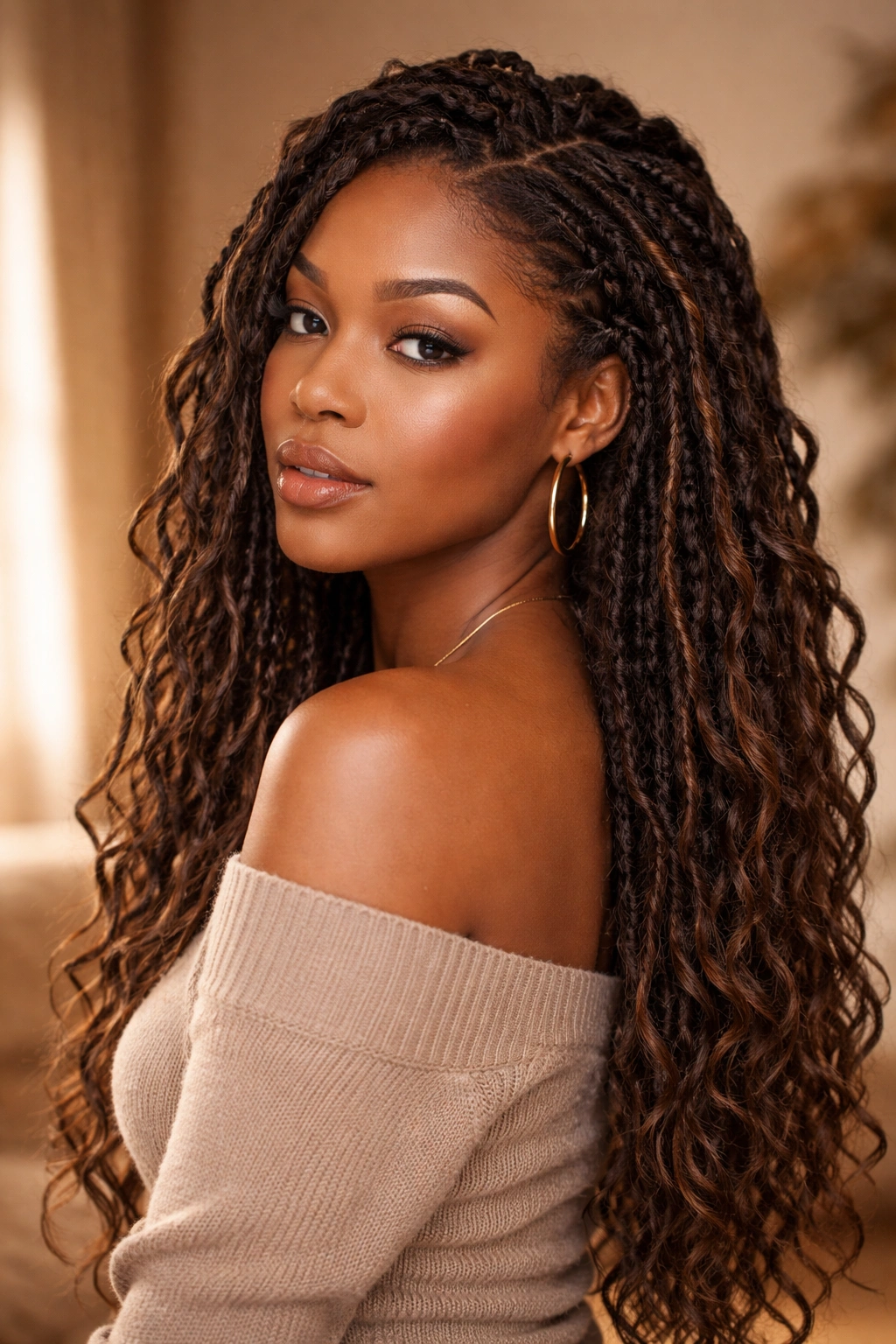Faux locs with bohemian texture in fall hues
