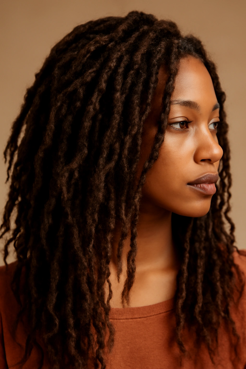 Close-up of messy textured faux locs style braids with frizz
