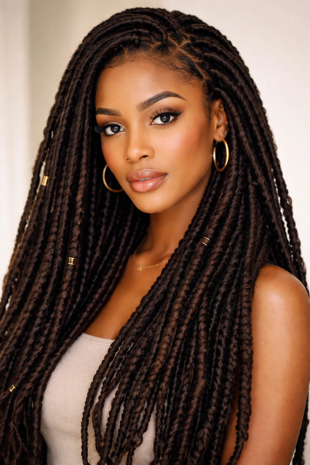 Head with faux locs showing thick braided loc-style strands