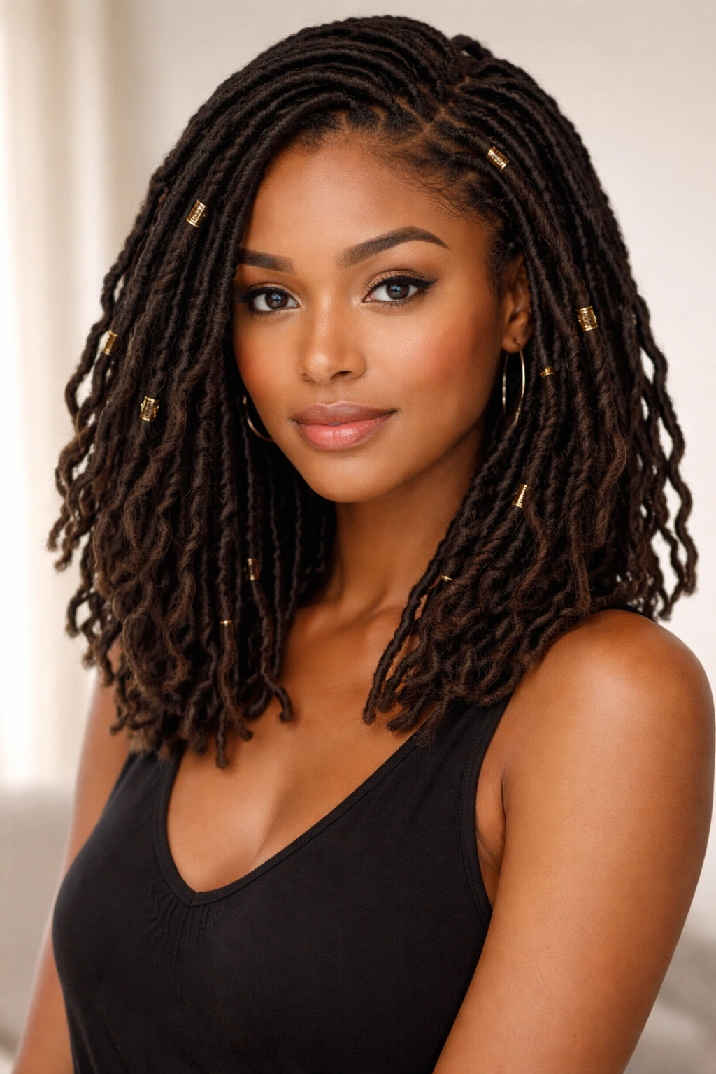 Faux locs styled to resemble real locs via braiding and interlocking
