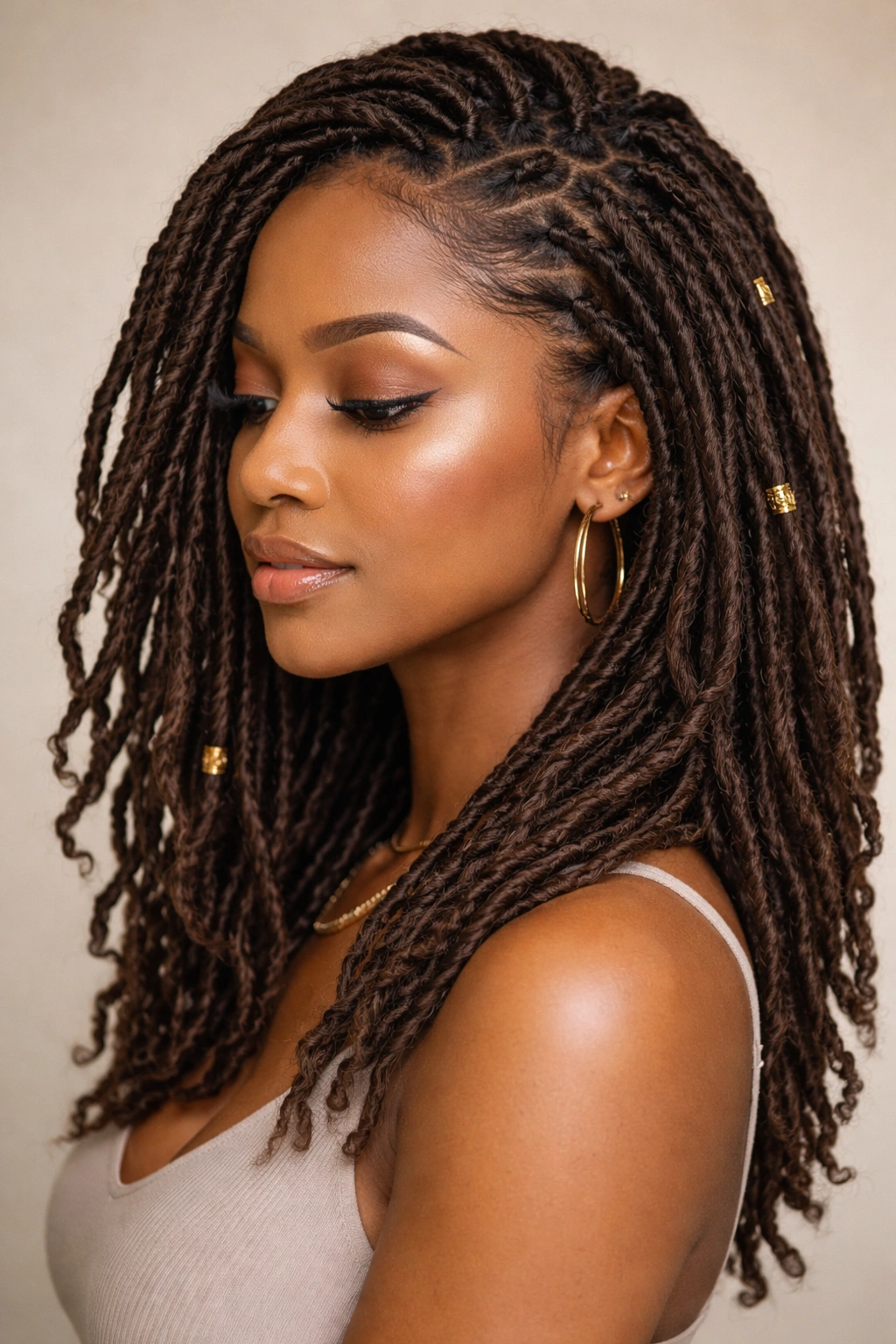 Close-up of faux locs hairstyle on a head with crochet-installed protective hairstyle