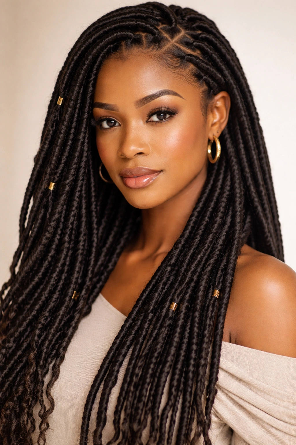 Close-up of polished faux locs created by crochet