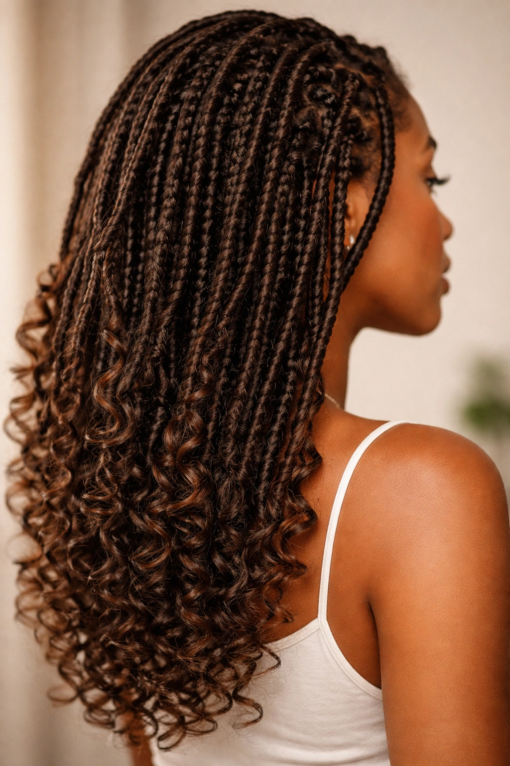 Close-up of curly-ended faux locs on cropped portrait, highlighting texture and movement