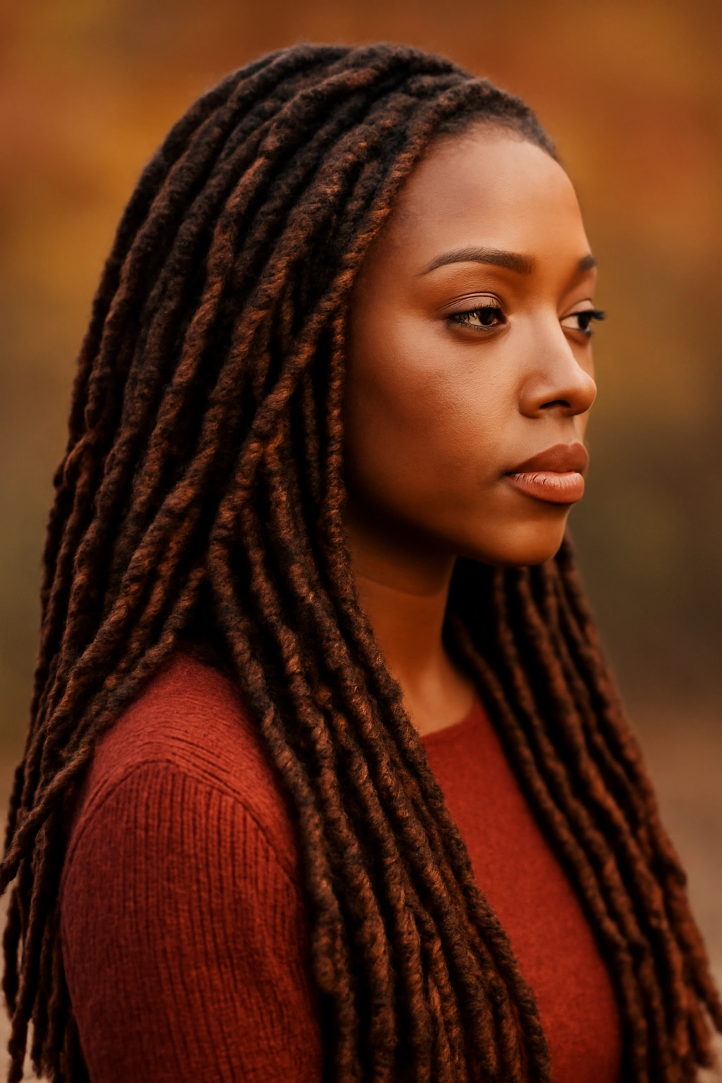 12 Fall Hairstyles Black Women Will Look Great In 3 Faux locs in deep tones with caramel accents