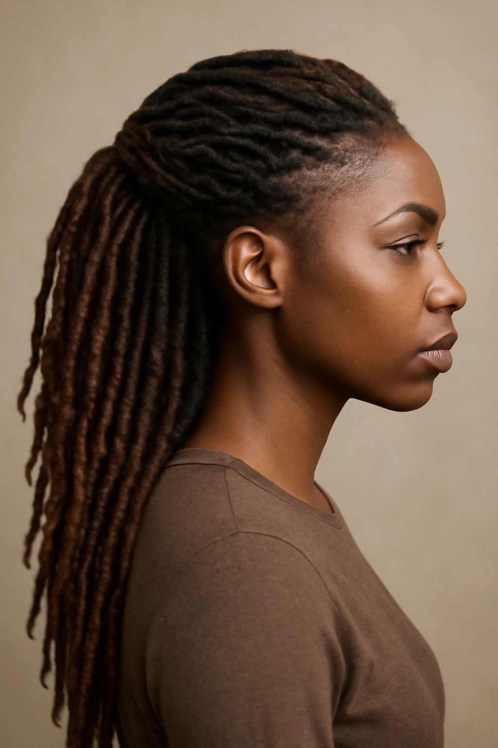 10 Pushback Hairstyles Black Women Can't Stop Wearing 10 Profile view of pushback with long faux locs pushed back from the face