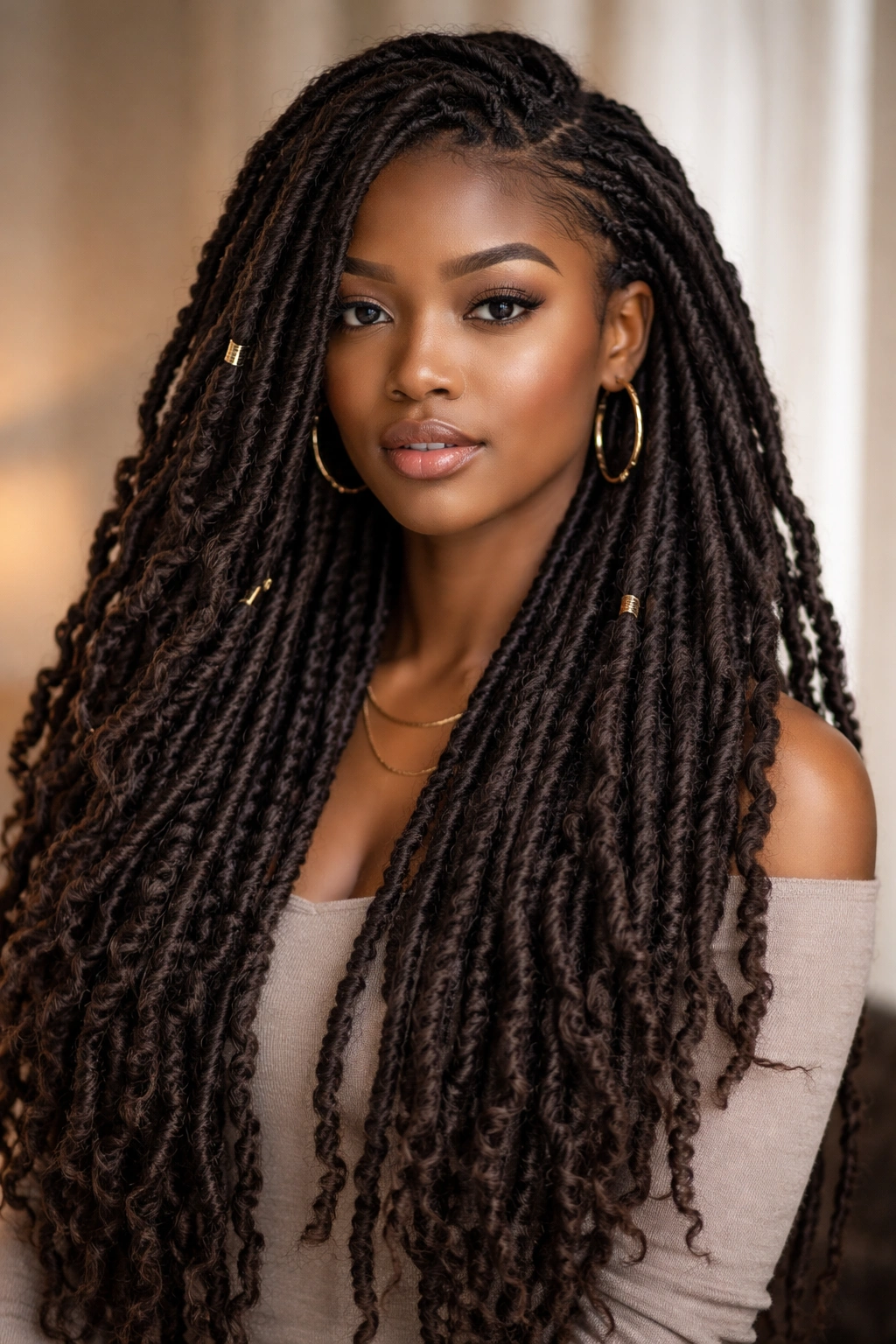 Full-head view of thick faux locs with natural hair extensions