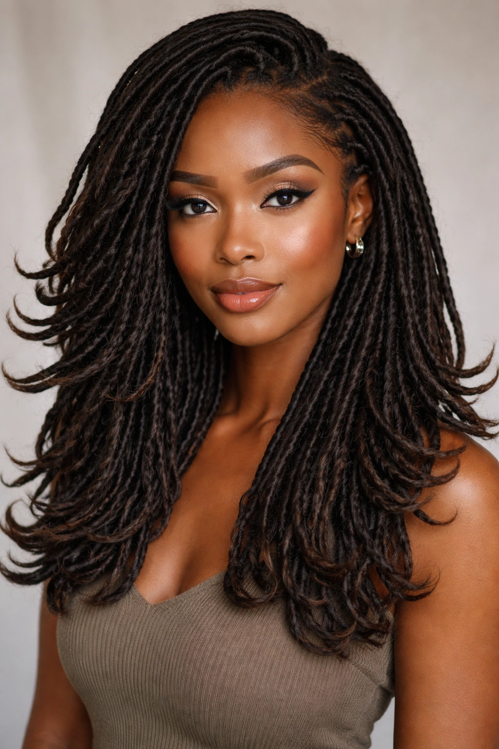 Faux locs hairstyle with flip ends on a Black woman