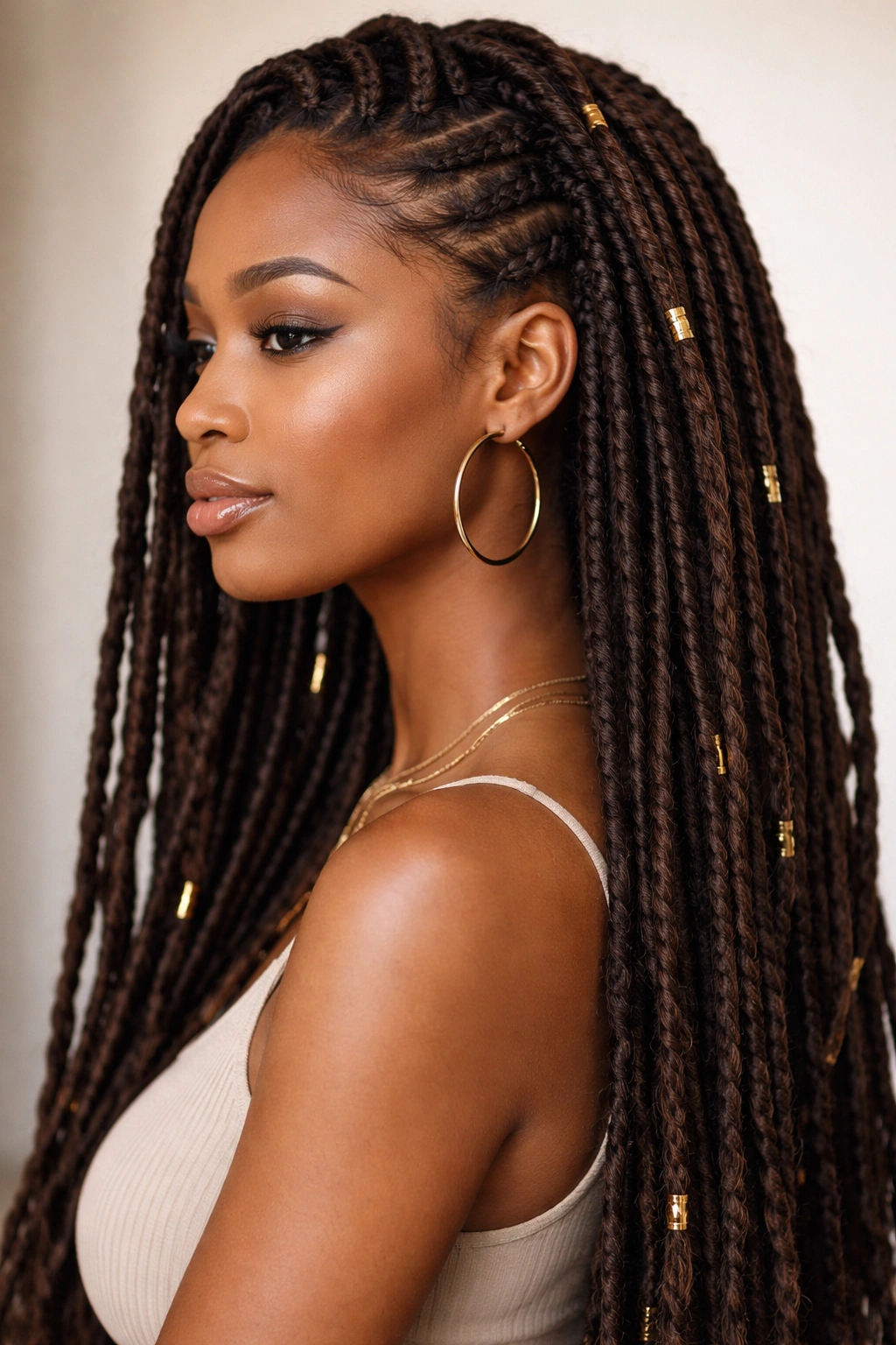 Profile shot of long faux locs with texture