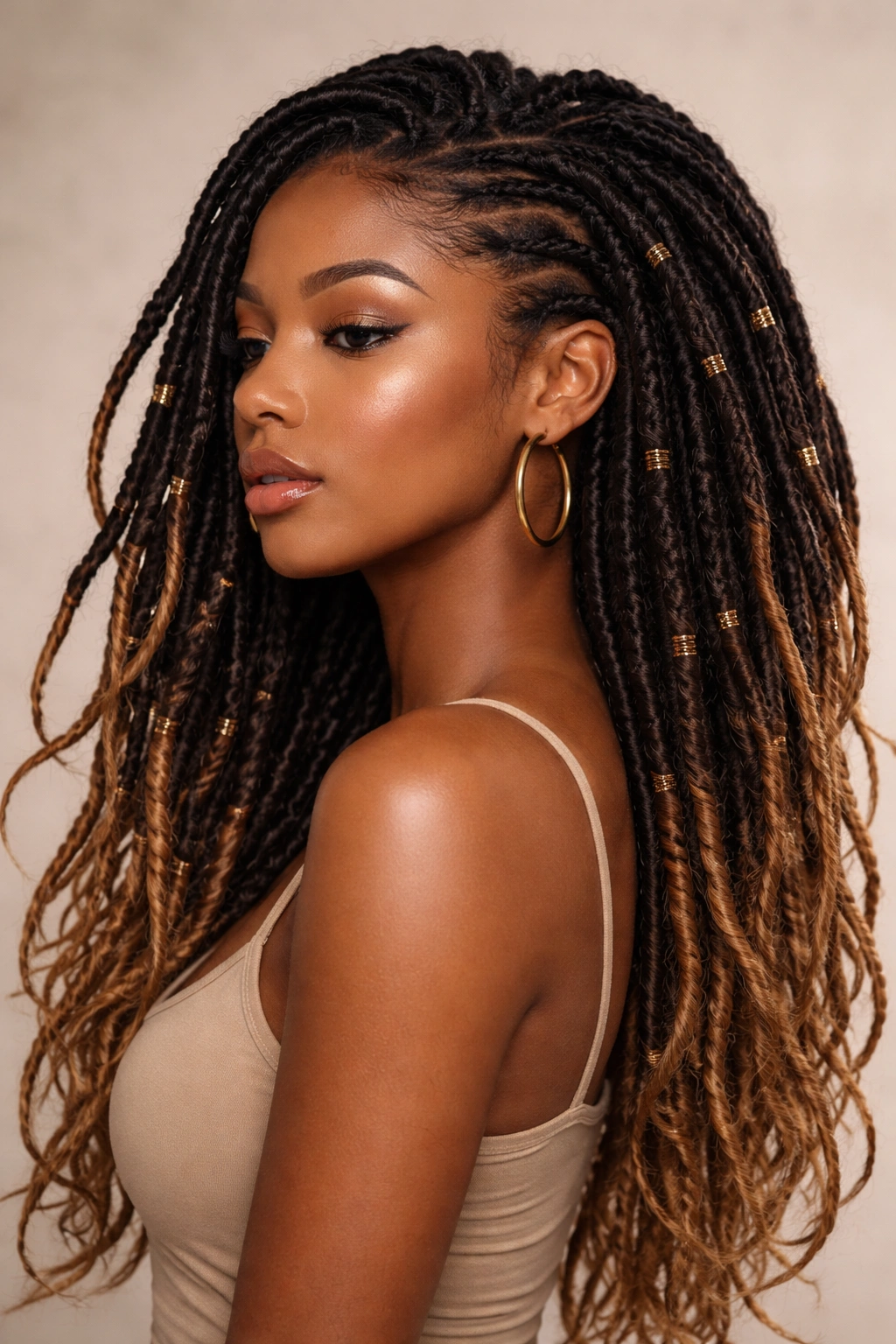 Portrait of a person with faux locs in ombré tones.