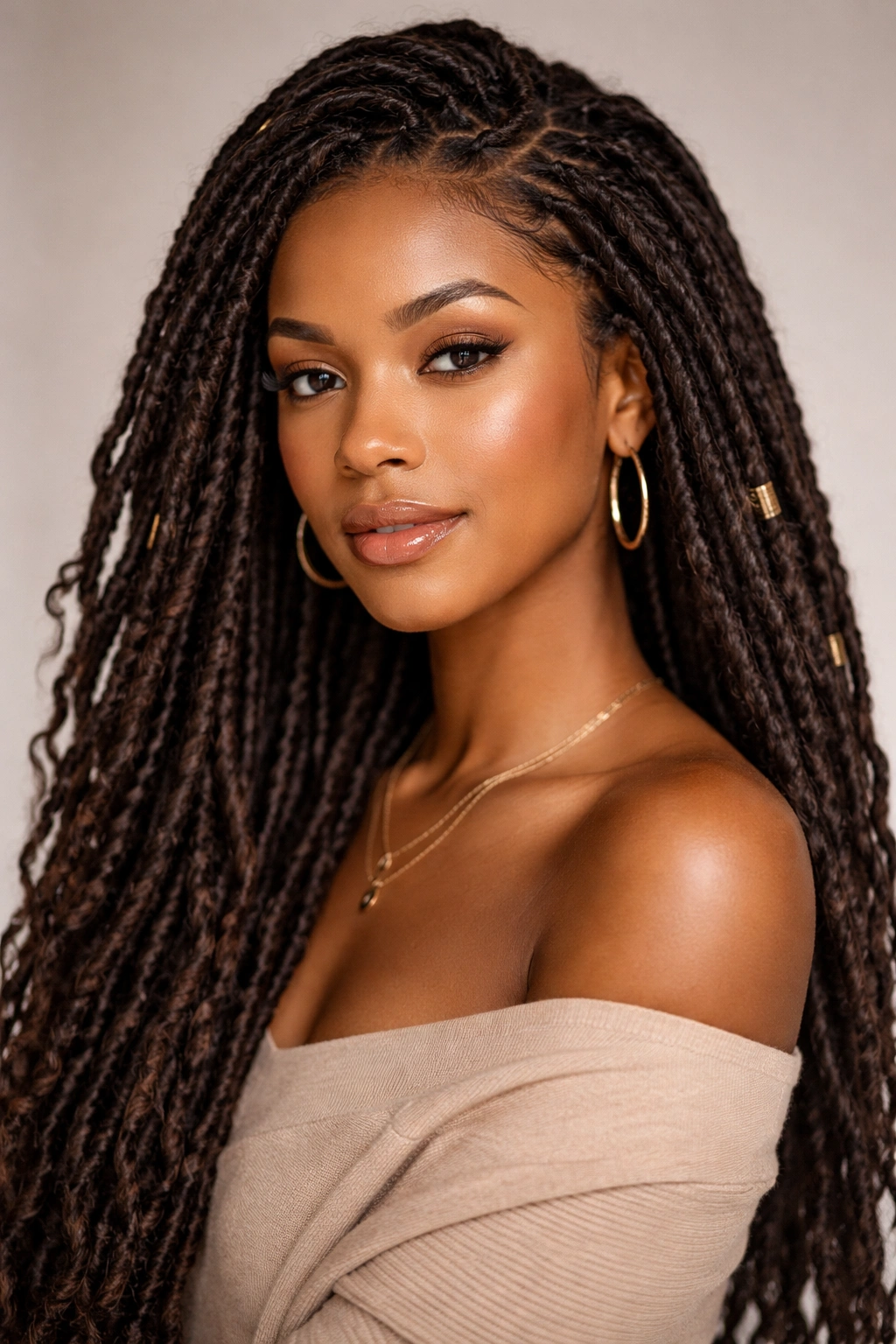 Close-up of faux locs hairstyle with wrapped synthetic extensions