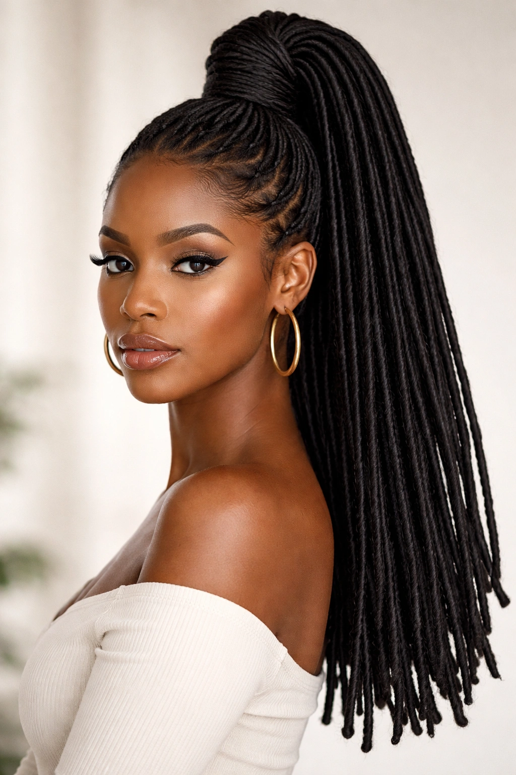 Faux locs wrapped high pony with polished finish.