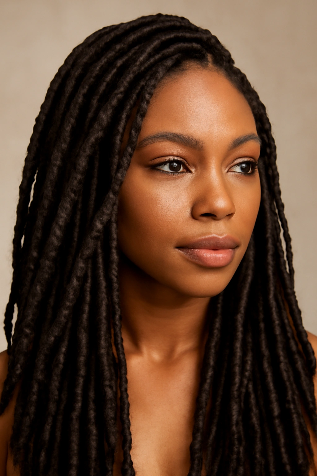 10 Knotless Braid Styles From Short Bobs to Long 8 Close-up portrait of knotless faux locs with thick wrapped texture