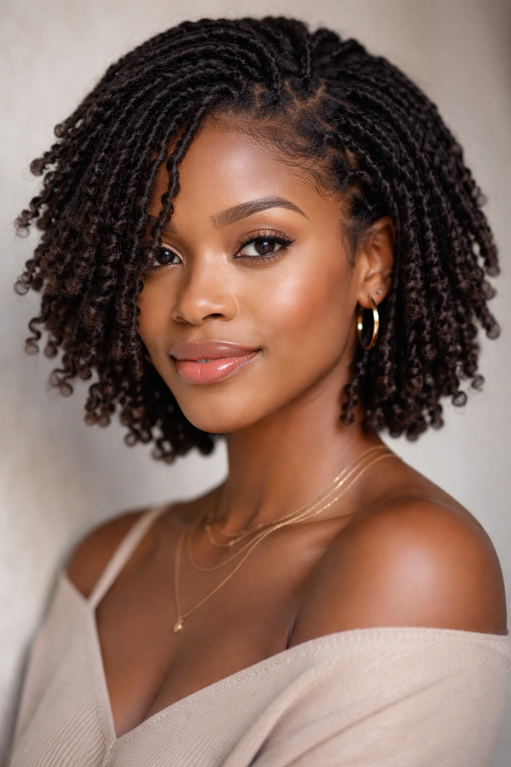 Close-up of short faux locs showing loose wrapping and natural texture