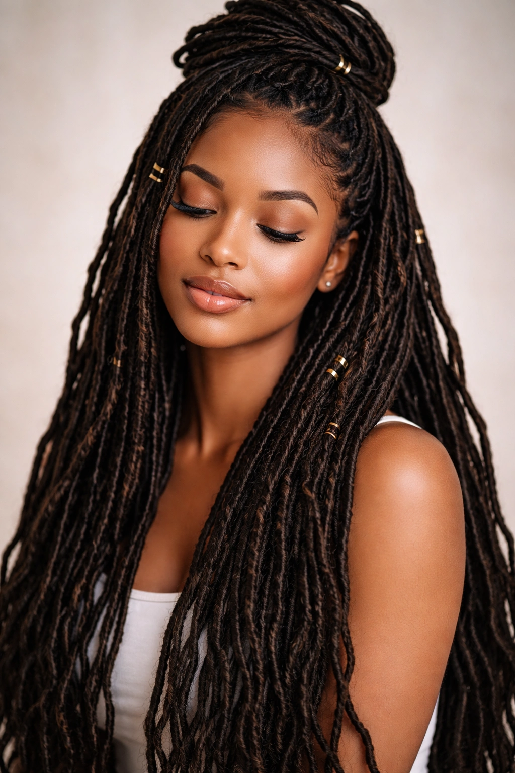 Close-up portrait of a person with faux locs, serene expression, neutral backdrop