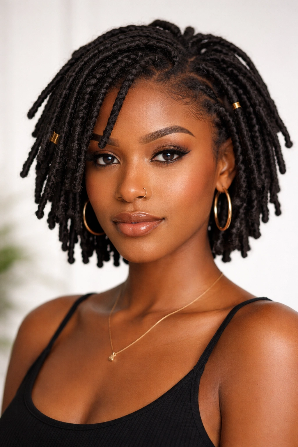 Close-up of short faux locs wrapped around the natural hair base