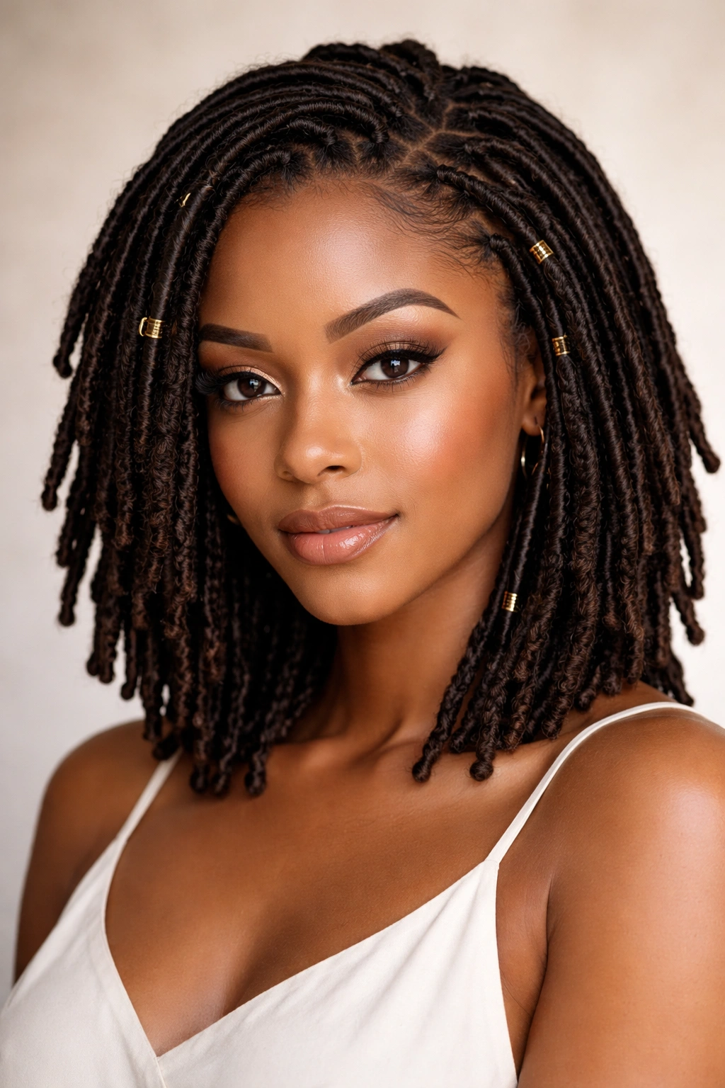 Close-up of faux locs on short hair with wrapped synthetic strands.