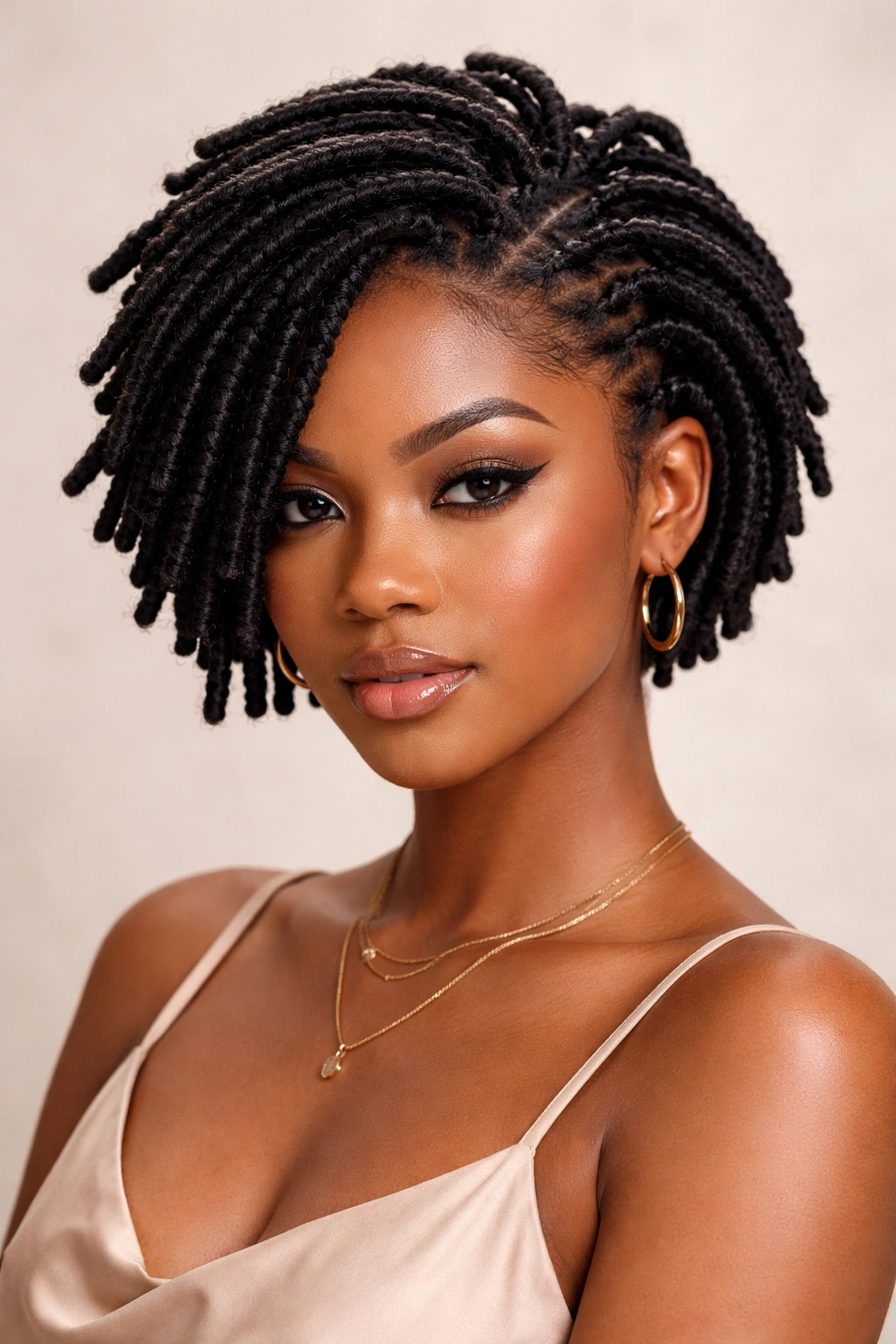 Short faux locs arranged in sculptural crown pattern