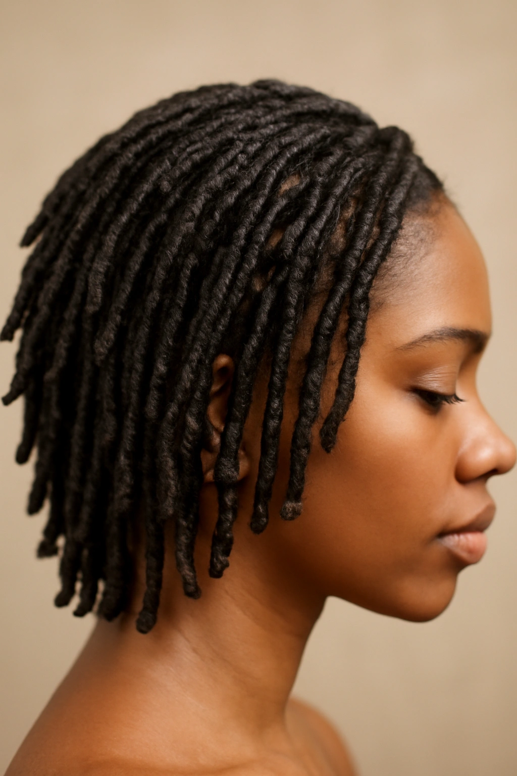 15 Short Braids for Natural Hair You Need to See 4 Close-up of short faux locs with wrapped texture under studio lighting.