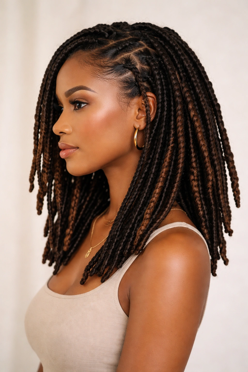 Faux locs with twist-base showing long loc-like strands wrapped with extensions.