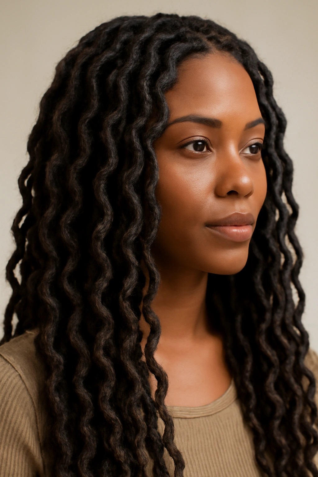 12 Faux Loc Styles That Are Worth Bookmarking Now 2 Headshot of wavy faux locs with textured wave patterns