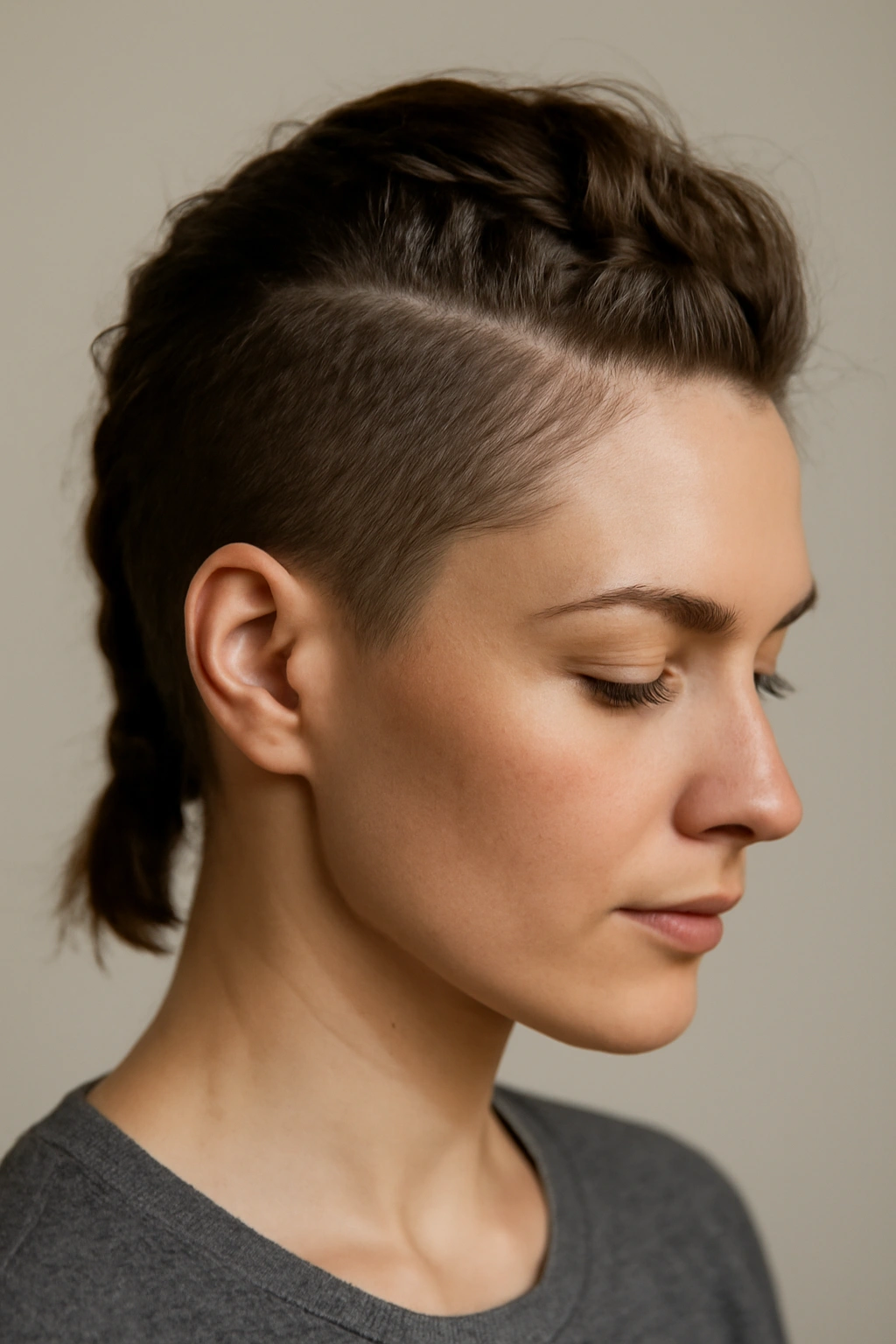 10 Mohawk Braid Styles for Short and Medium Hair 7 Subtle faux hawk braid along crown with soft studio lighting