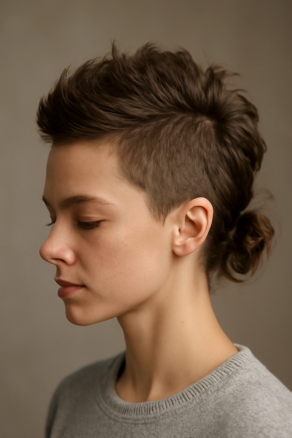 8 Messy Bun Ideas for Short Hair That Actually Stay 3 Front view showing a narrow elevated center strip and textured bun at the nape