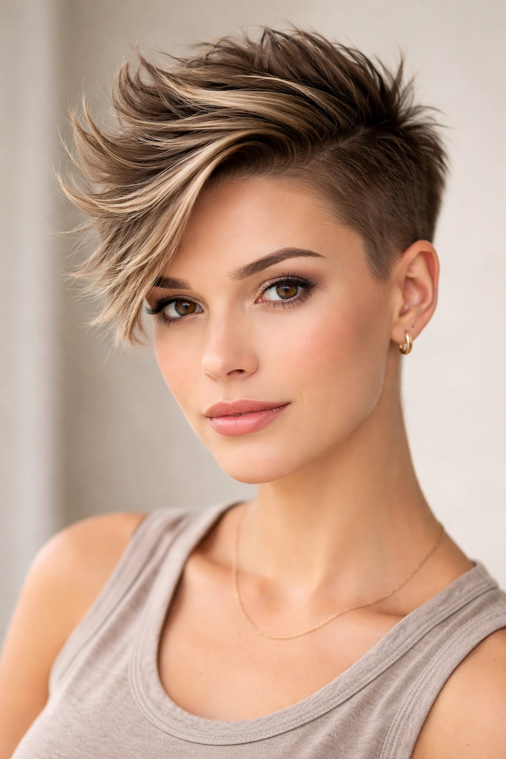 Portrait of a side-swept faux hawk hairstyle with tapered sides