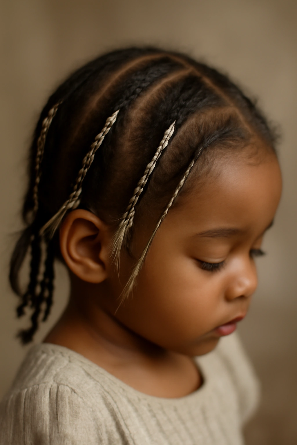 12 Beautiful Braided Hairstyles for Black Toddlers 9 Toddler hair with thin feather braids woven with ribbons.