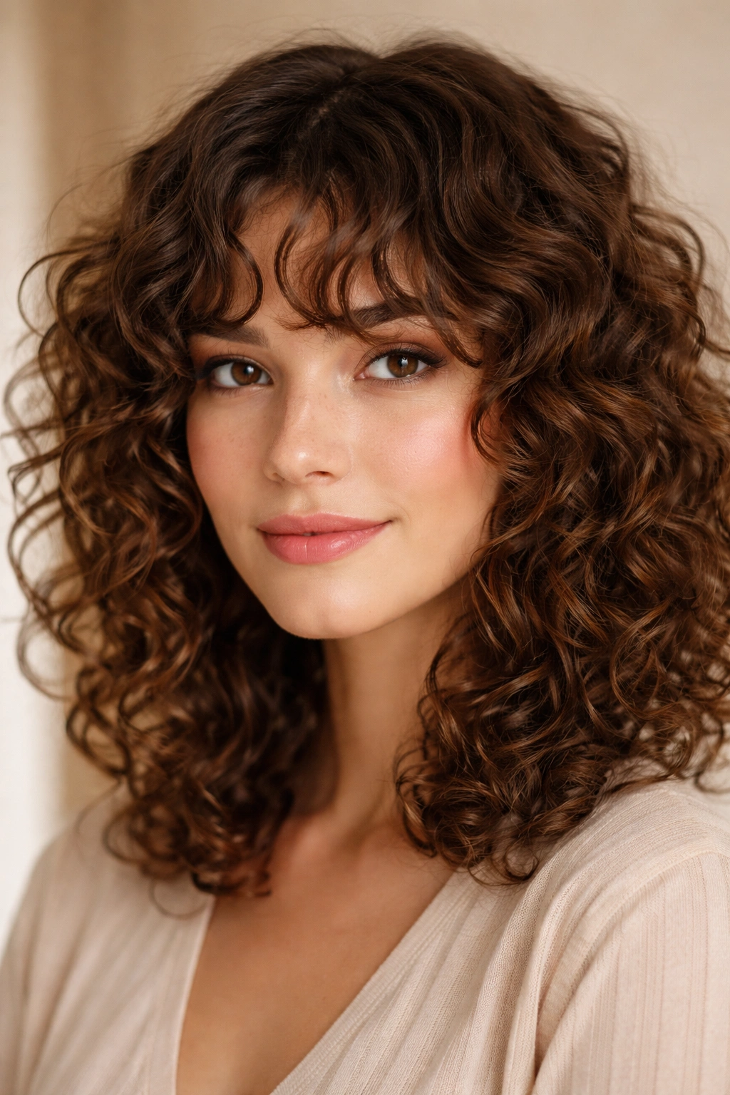 Close-up of feathered arc fringe following brow arc with separated curls