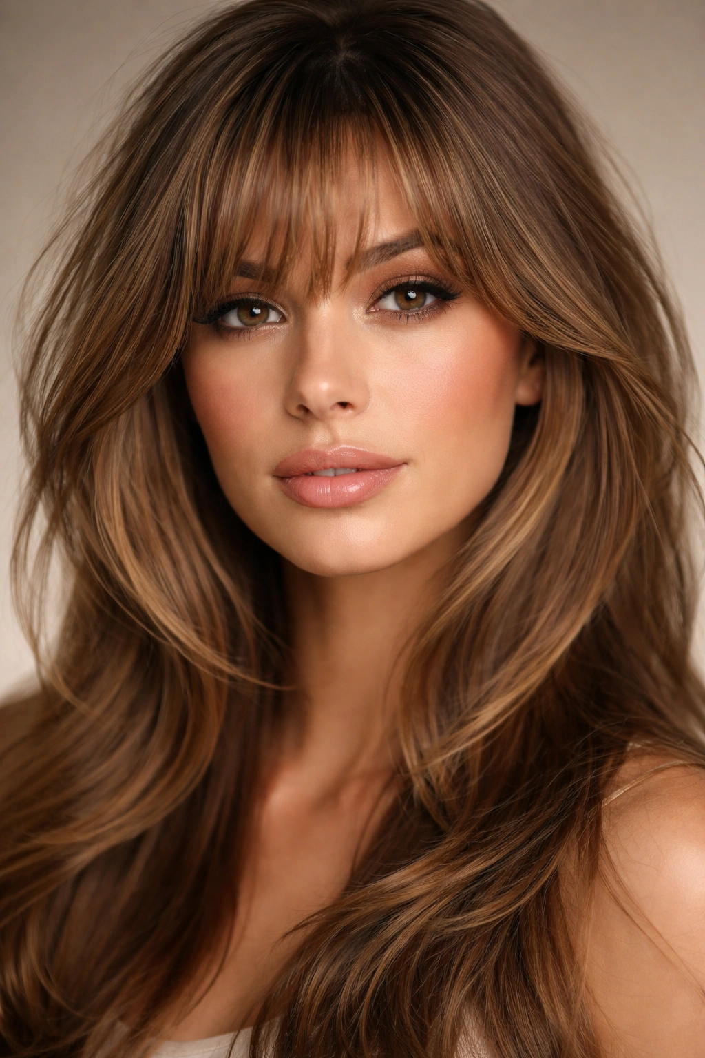 Soft wispy feathered bangs on long layered hair