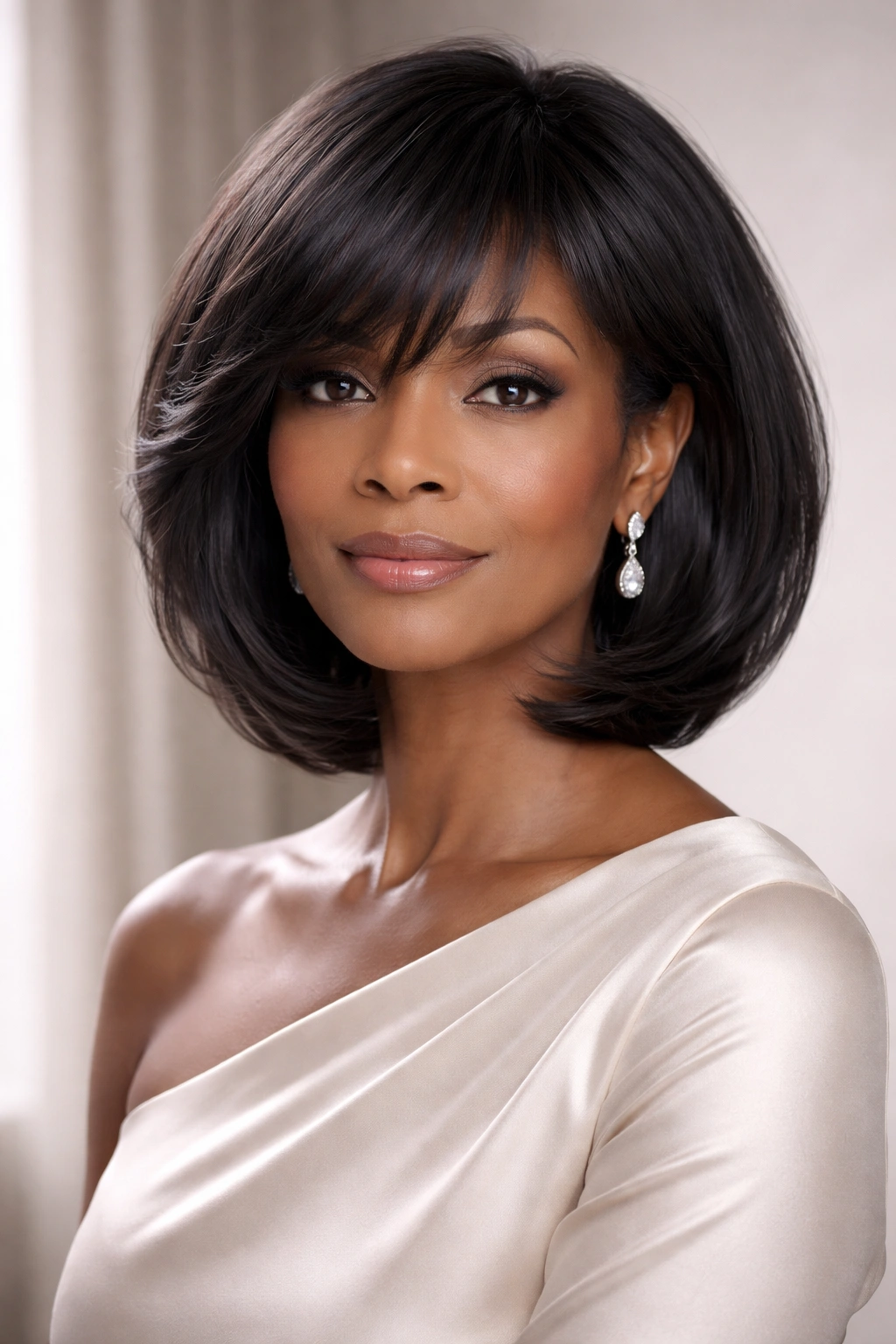 Black woman over 50 with feathered bangs and bob hairstyle in studio light
