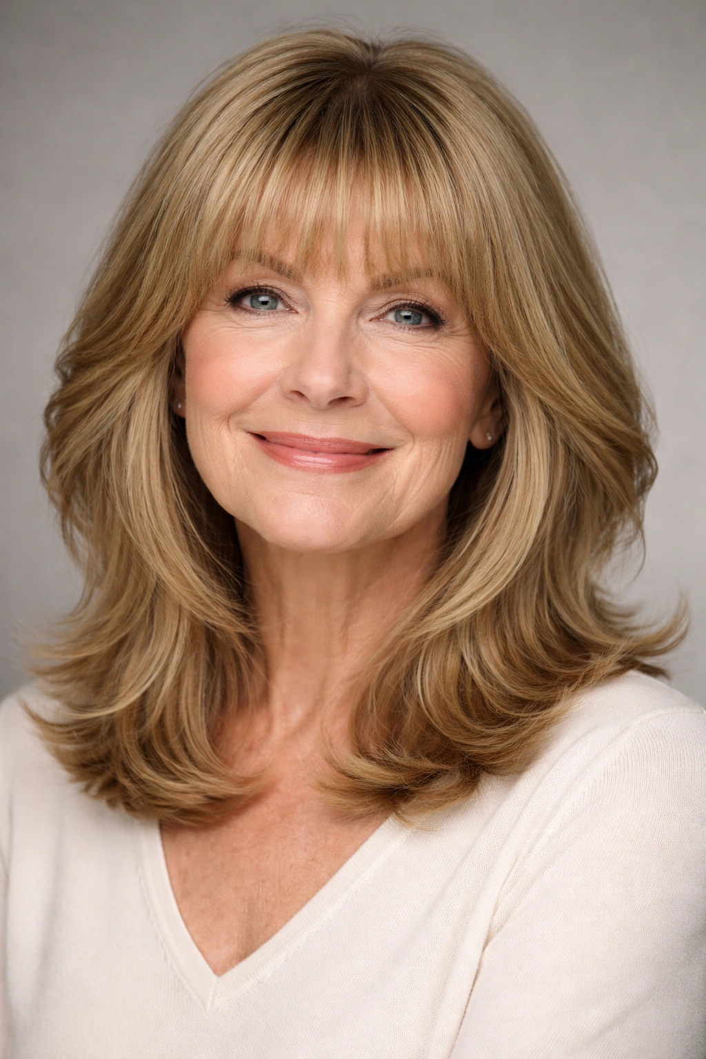 Medium-length feathered haircut with full bangs in golden blonde tones