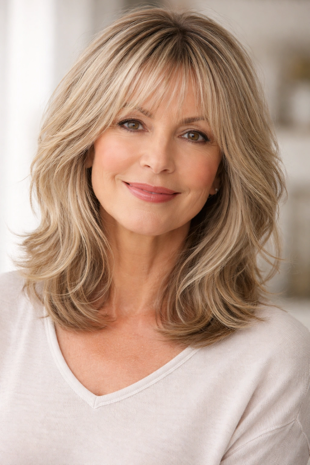 Close-up of a mature woman with wispy bangs and a layered shoulder-length lob.