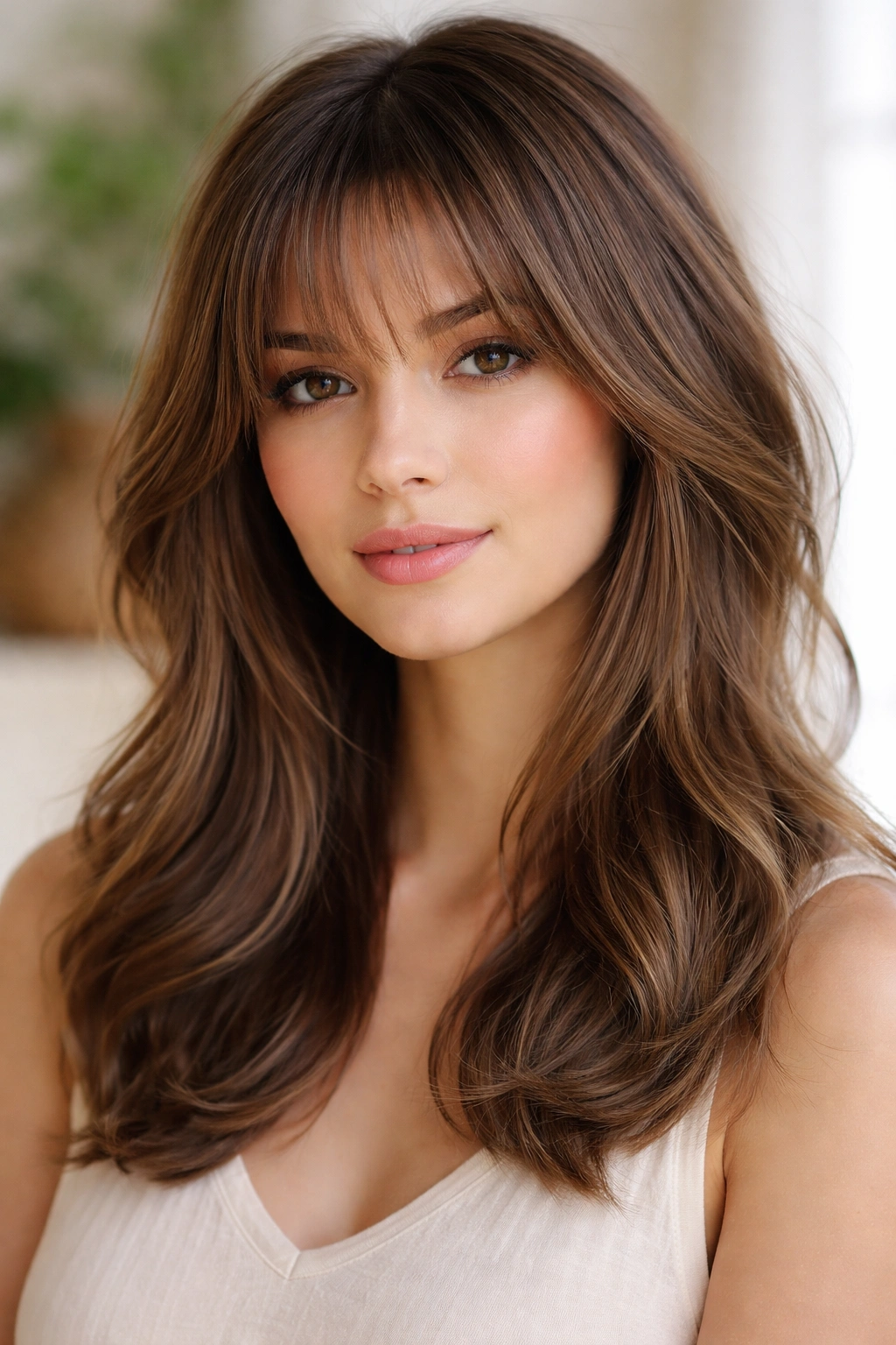 15 Bang Styles That Pair Well With Medium Hair 5 Portrait with feathered bangs shorter in center longer on sides