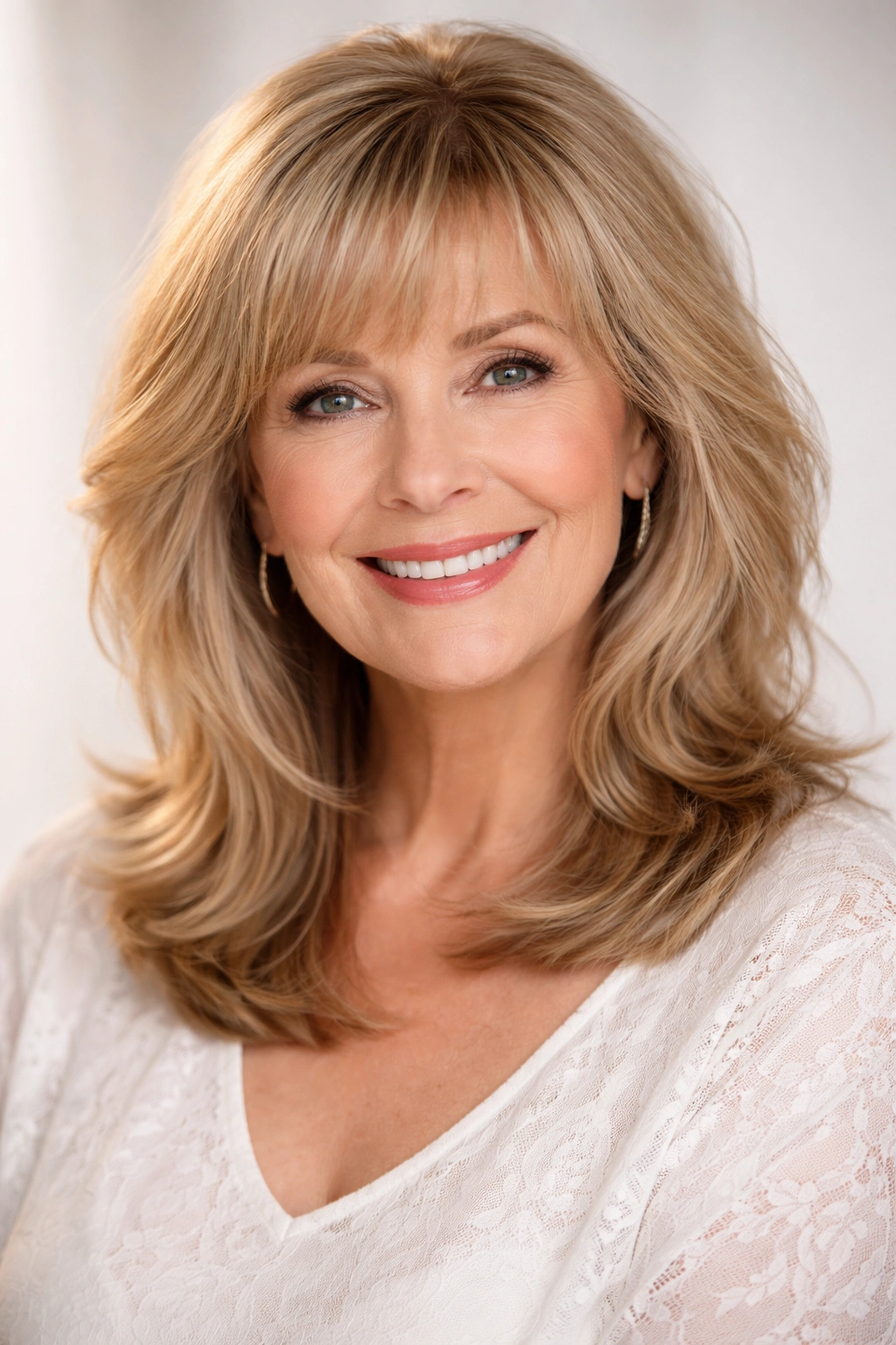 Feathered medium-length hair with soft bangs and movement