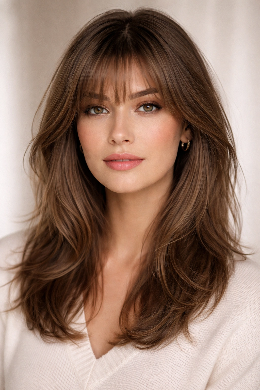 Close-up of feathered bangs with tapered ends on medium-length hair