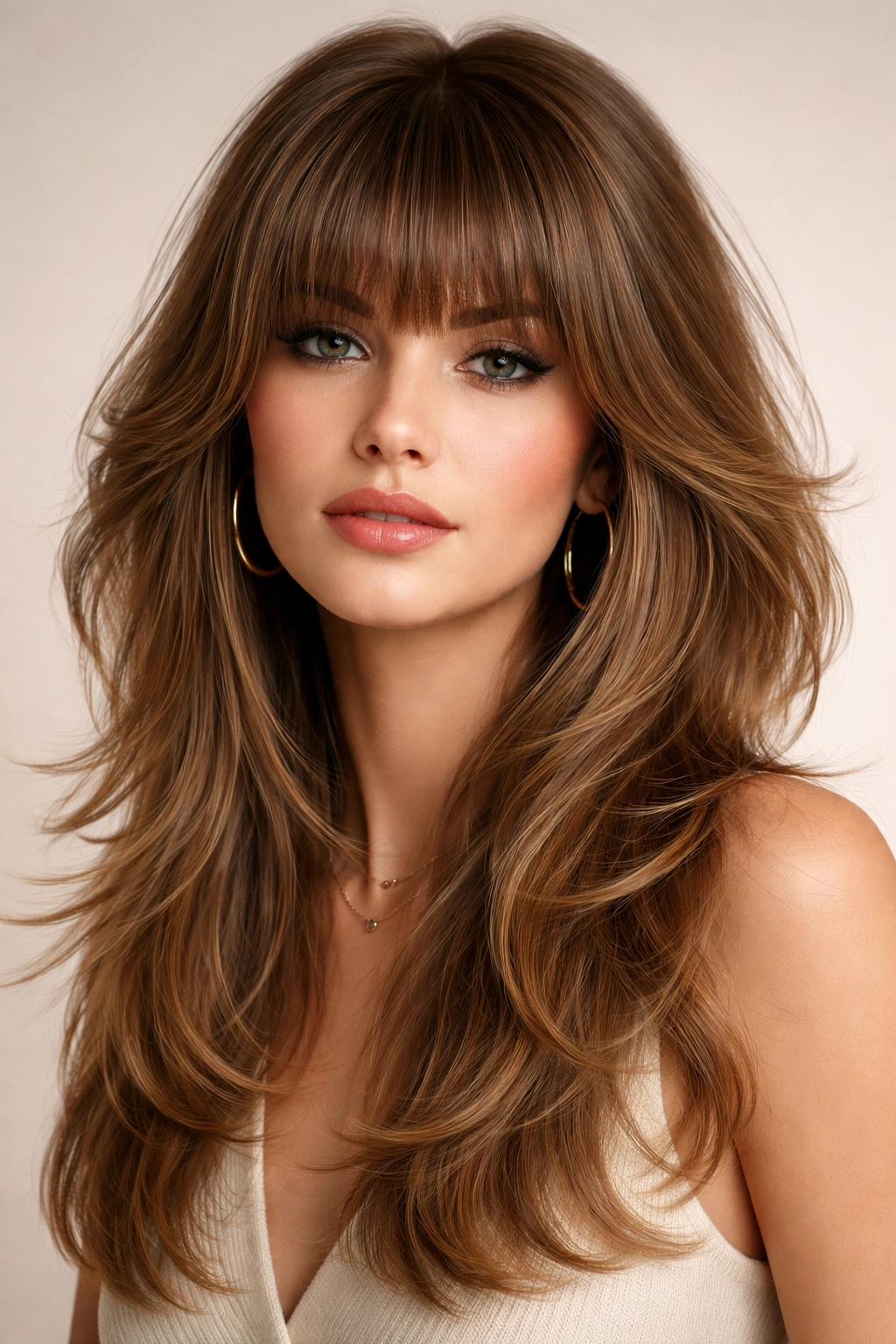 Portrait highlighting thick feathered bangs with soft feathering.